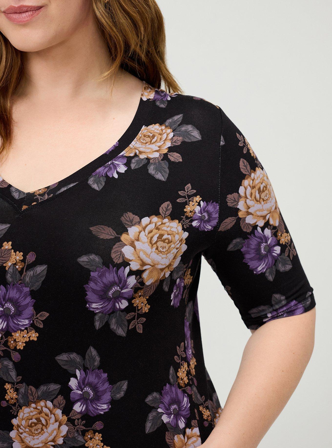 Plus Size Favorite Tunic Super Soft V-Neck Side Slit Tee, BRENDA FLORAL BLACK, alternate