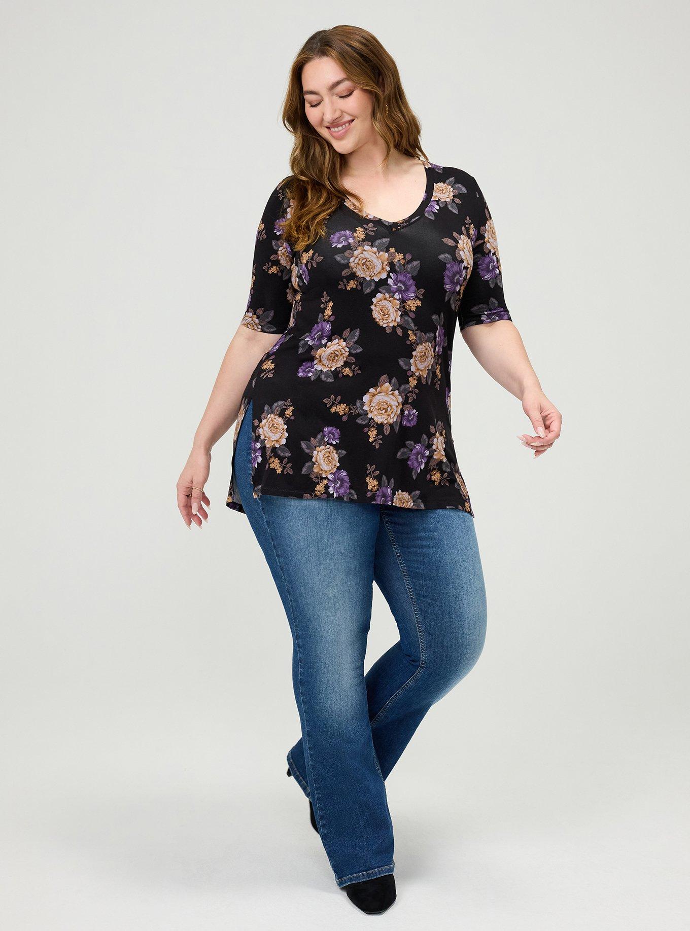 Plus Size Favorite Tunic Super Soft V-Neck Side Slit Tee, BRENDA FLORAL BLACK, alternate