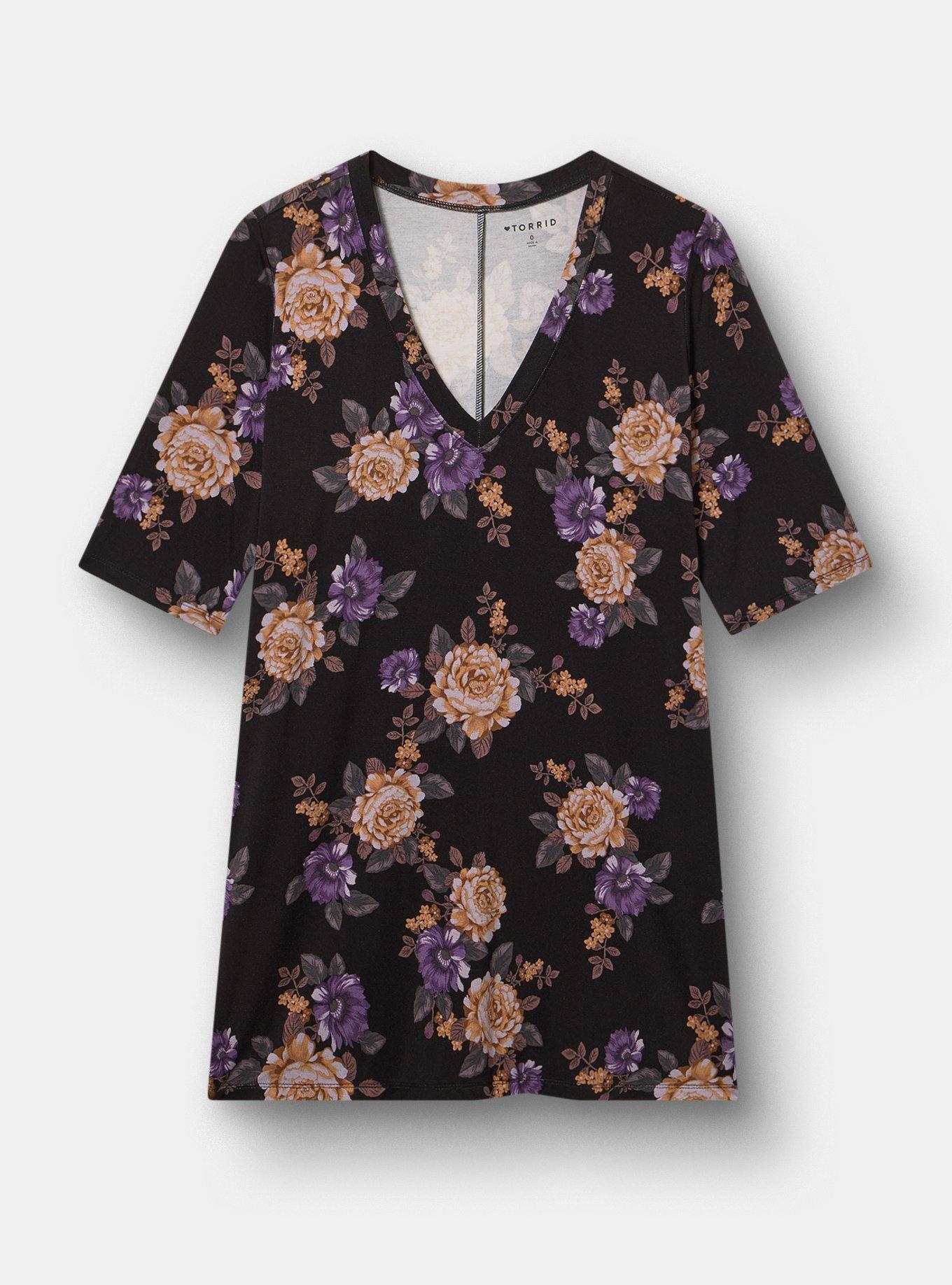 Plus Size Favorite Tunic Super Soft V-Neck Side Slit Tee, BRENDA FLORAL BLACK, hi-res