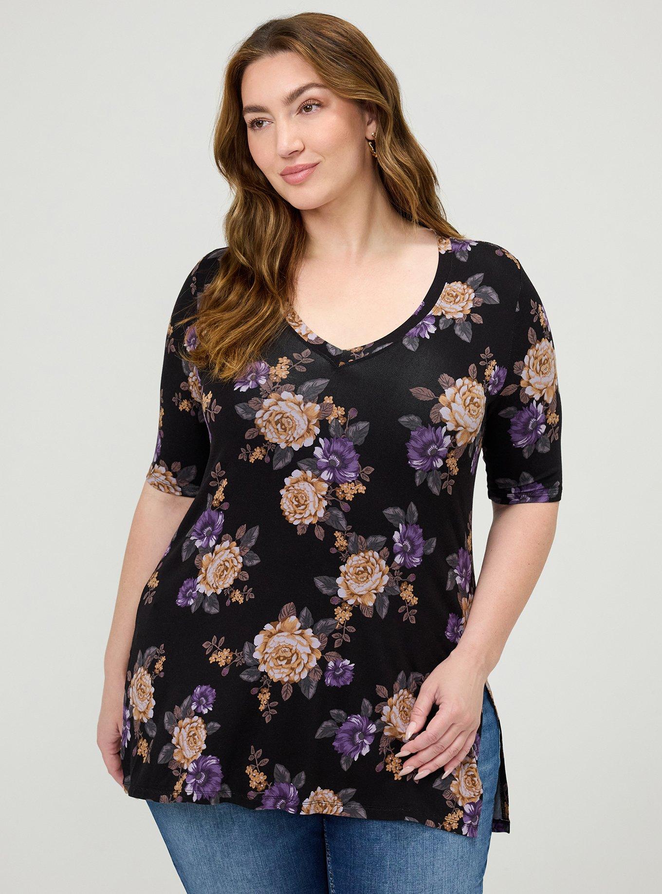 Plus Size Favorite Tunic Super Soft V-Neck Side Slit Tee, BRENDA FLORAL BLACK, hi-res