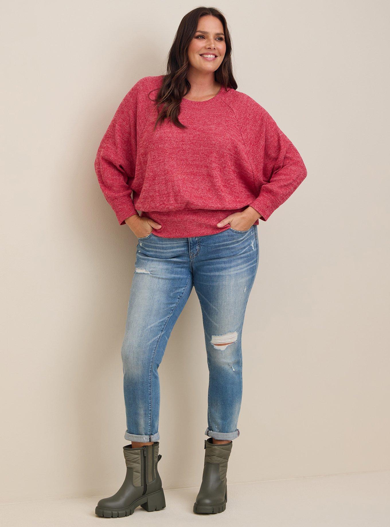 Relaxed Fit Super Soft Plush Rib Crew Neck Batwing Sweatshirt, RED, alternate