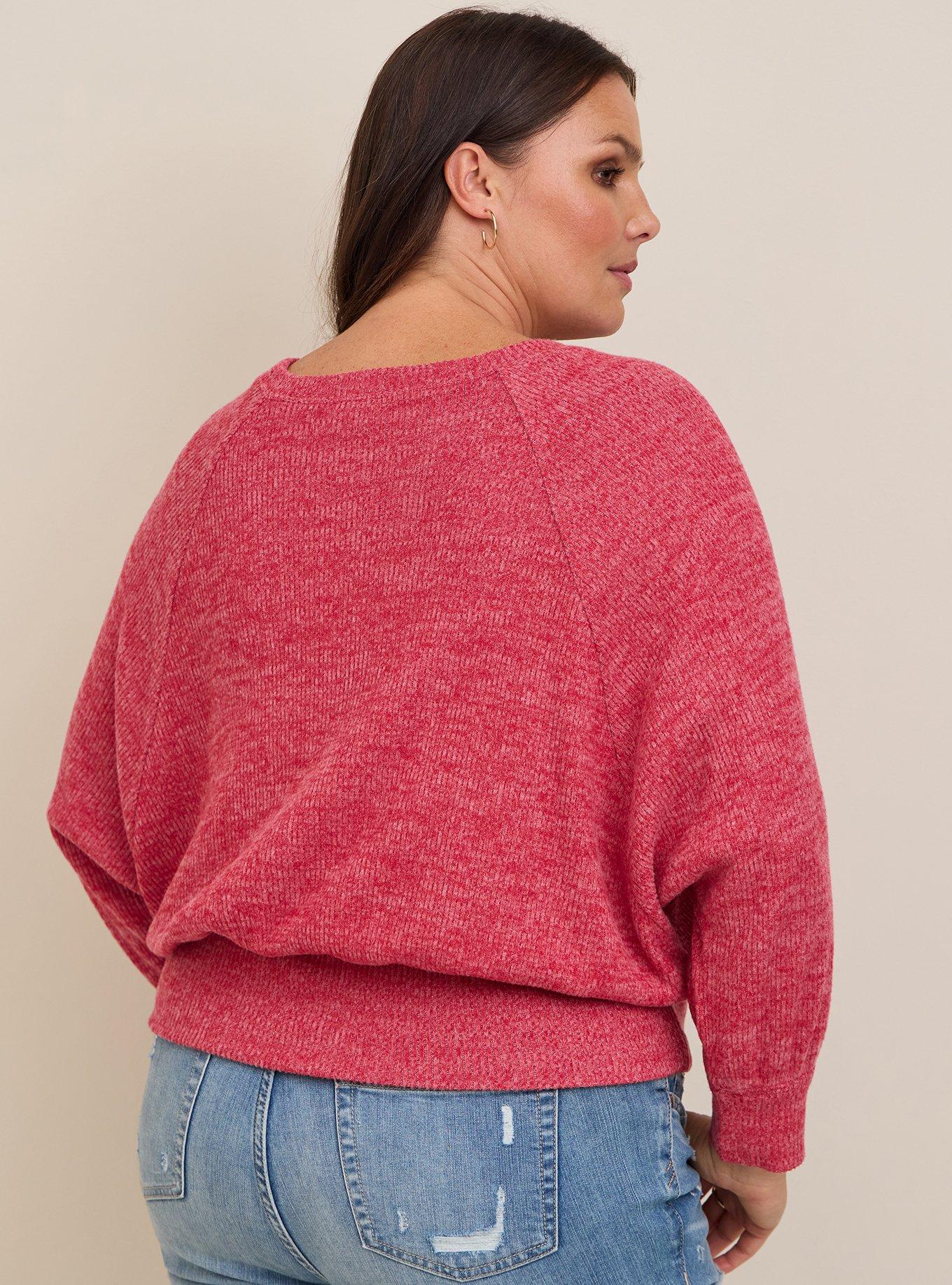 Relaxed Fit Super Soft Plush Rib Crew Neck Batwing Sweatshirt, RED, alternate