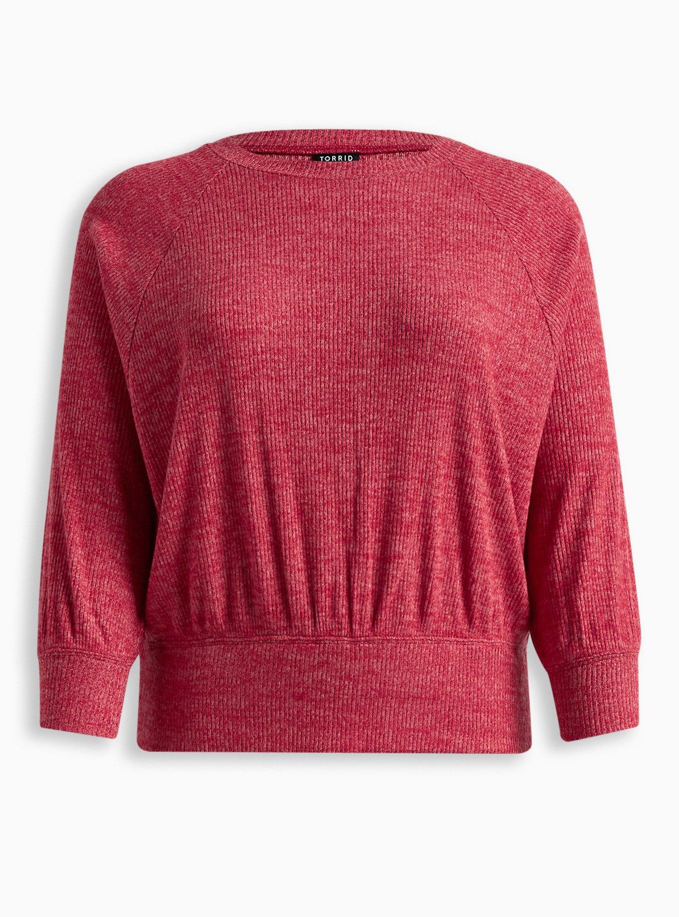 Relaxed Fit Super Soft Plush Rib Crew Neck Batwing Sweatshirt, RED, hi-res