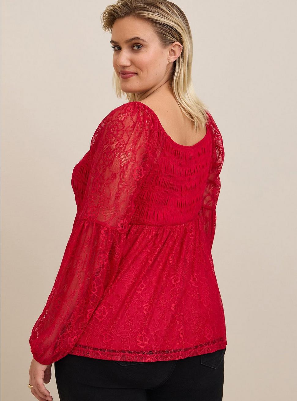 Babydoll Stretch Lace Smocked Bodice Square Neck Top, RED, alternate