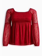 Babydoll Stretch Lace Smocked Bodice Square Neck Top, RED, hi-res
