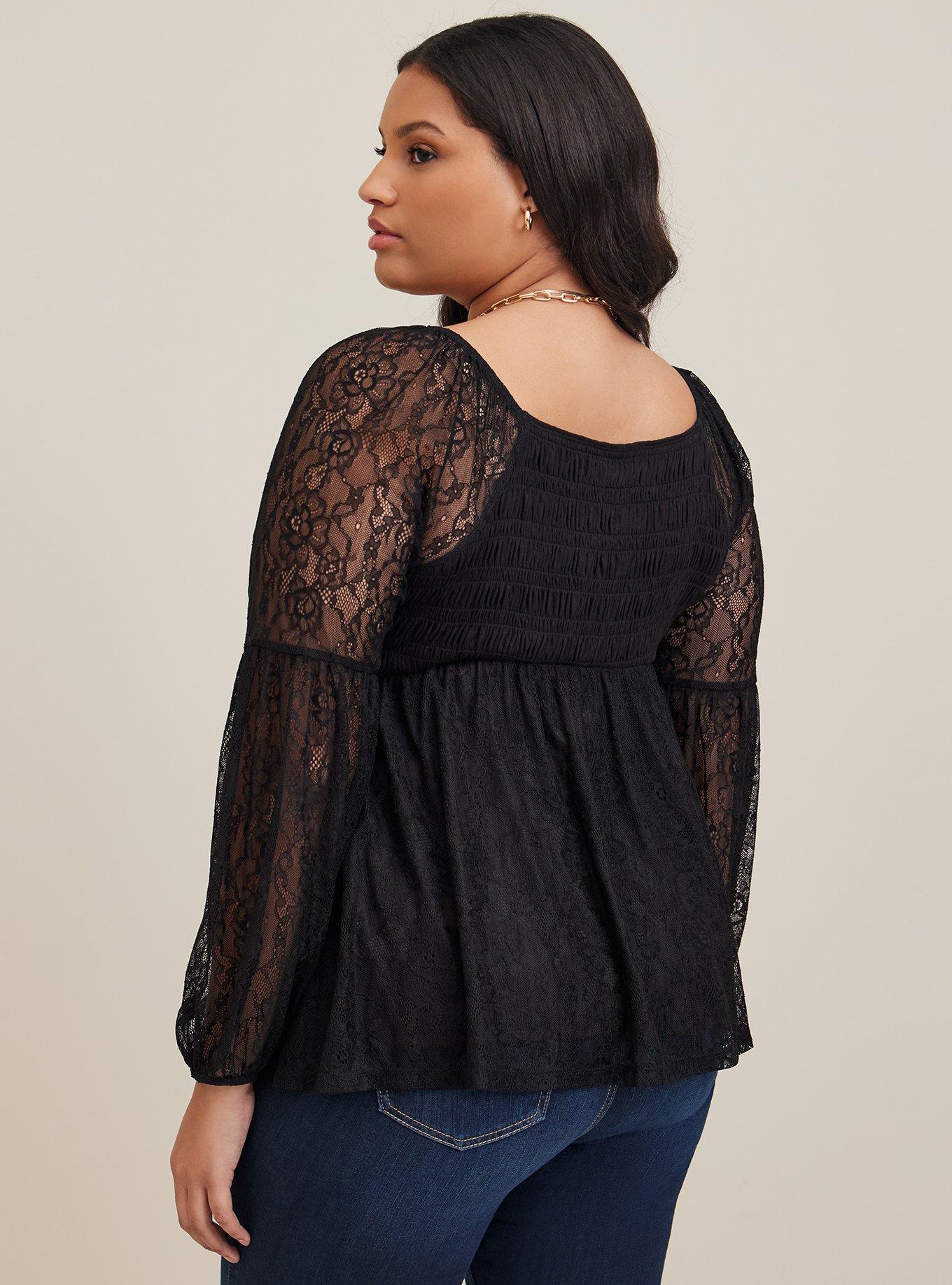 Plus Size - Babydoll Stretch Lace Smocked Bodice Square Neck Top - Torrid