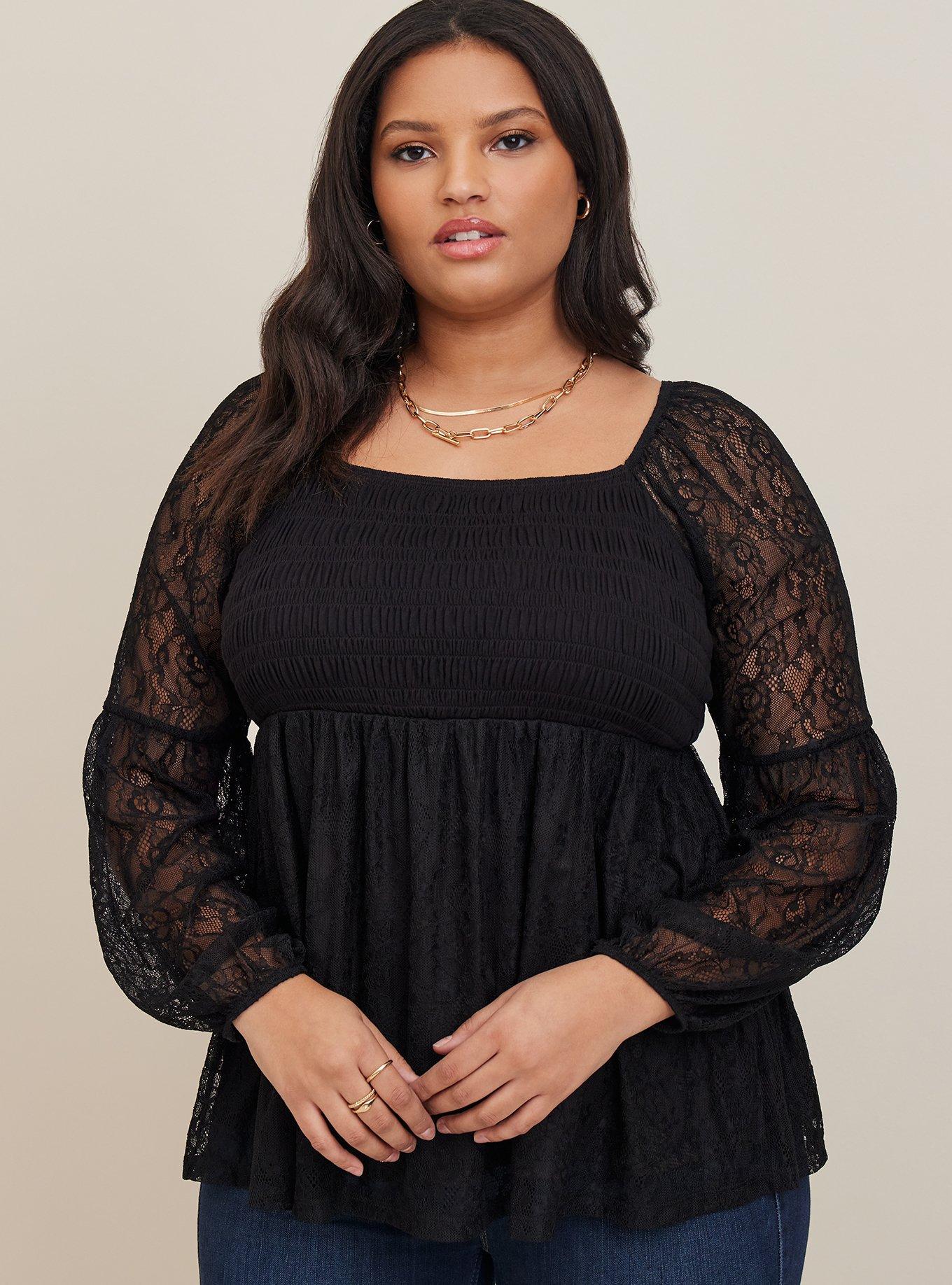 Plus Size - Babydoll Stretch Lace Smocked Bodice Square Neck Top - Torrid