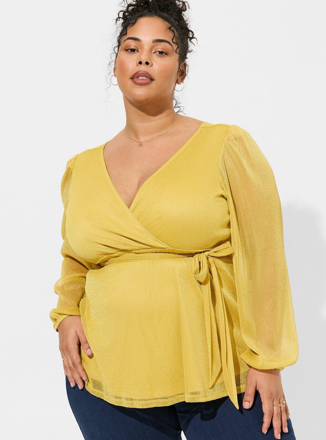 Plus Size Knit Glitter Lurex Surplice Peplum Top, RICH GOLD, alternate