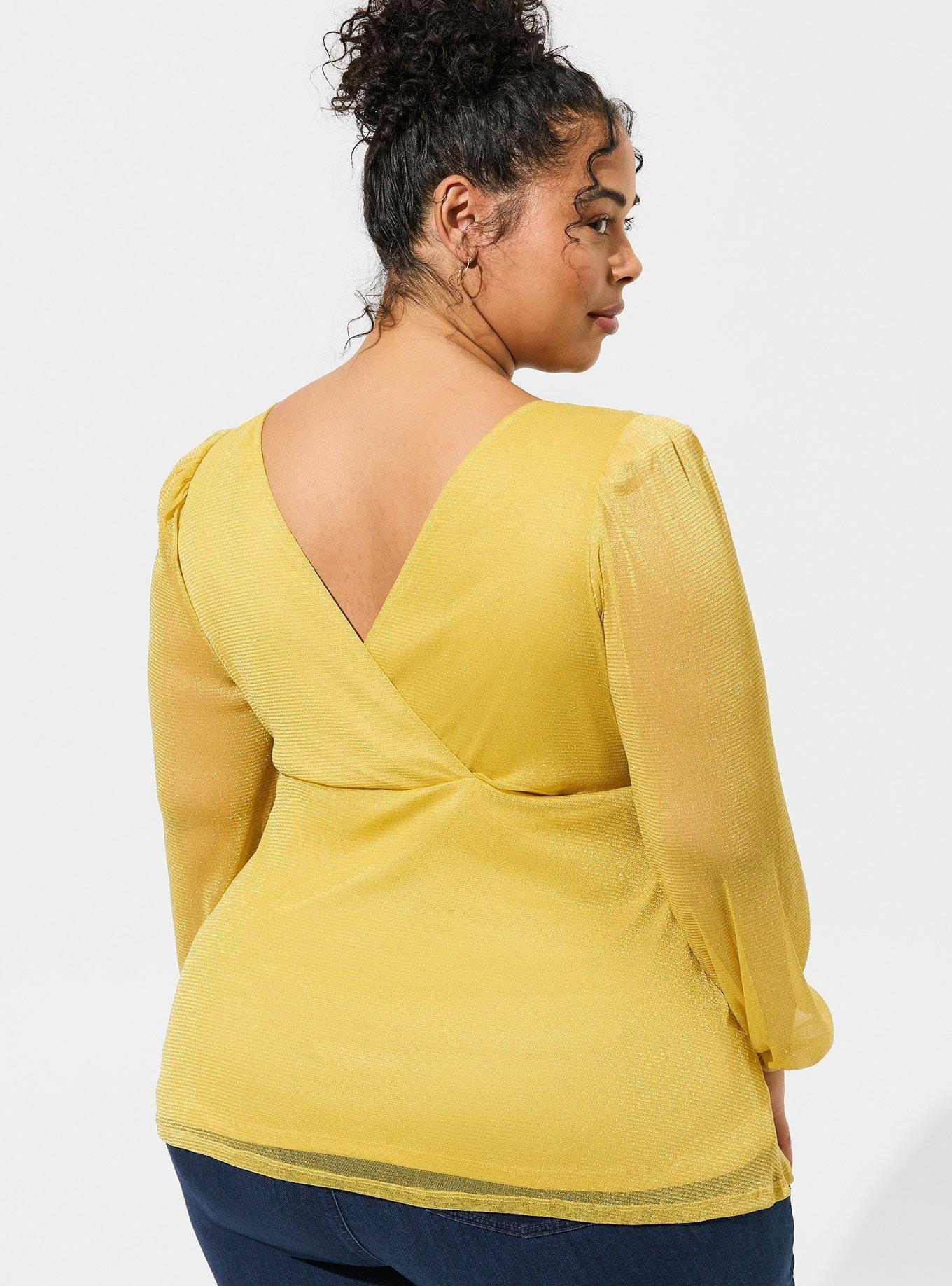 Plus Size Knit Glitter Lurex Surplice Peplum Top, RICH GOLD, alternate