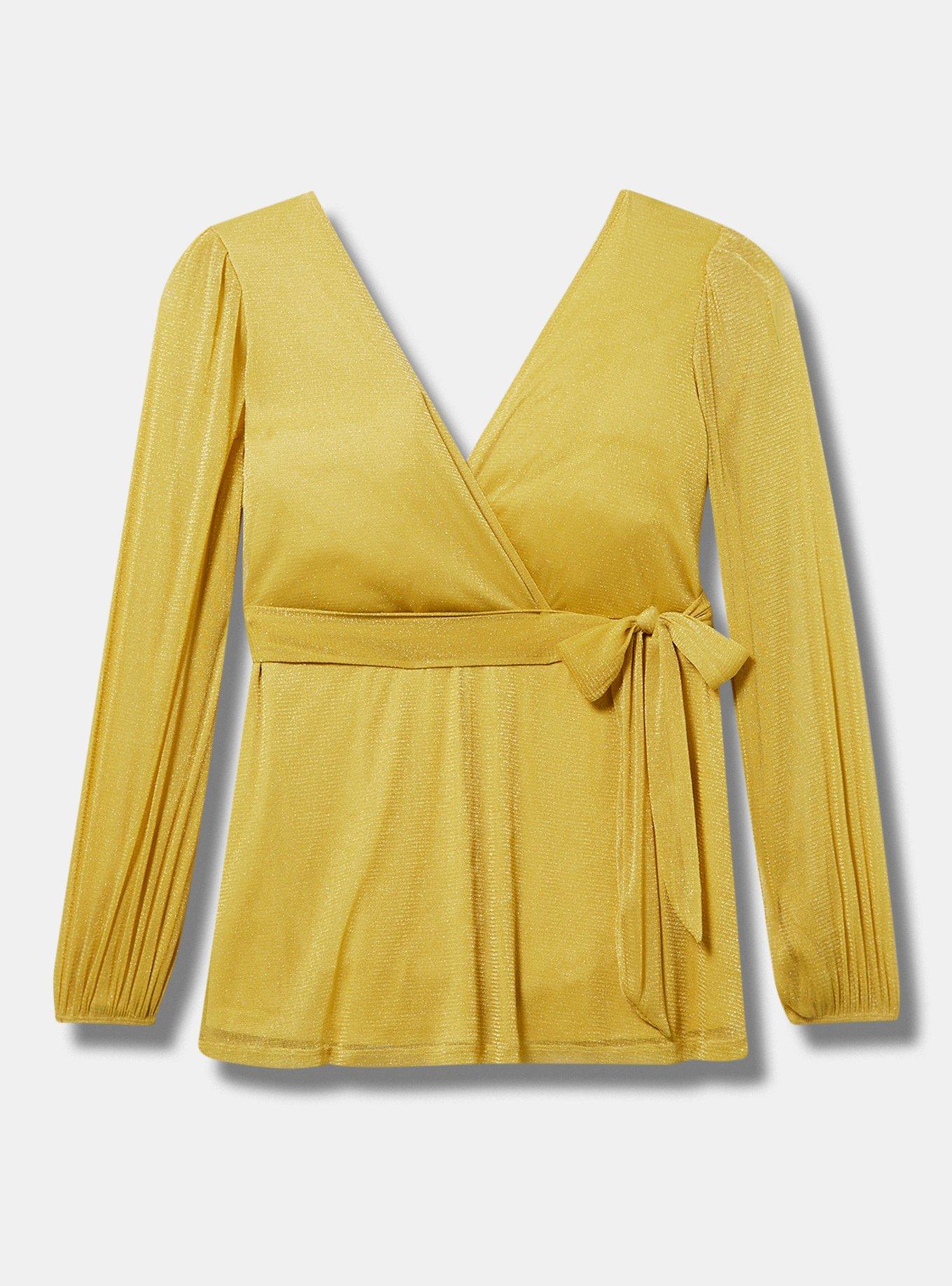 Plus Size Knit Glitter Lurex Surplice Peplum Top, RICH GOLD, hi-res