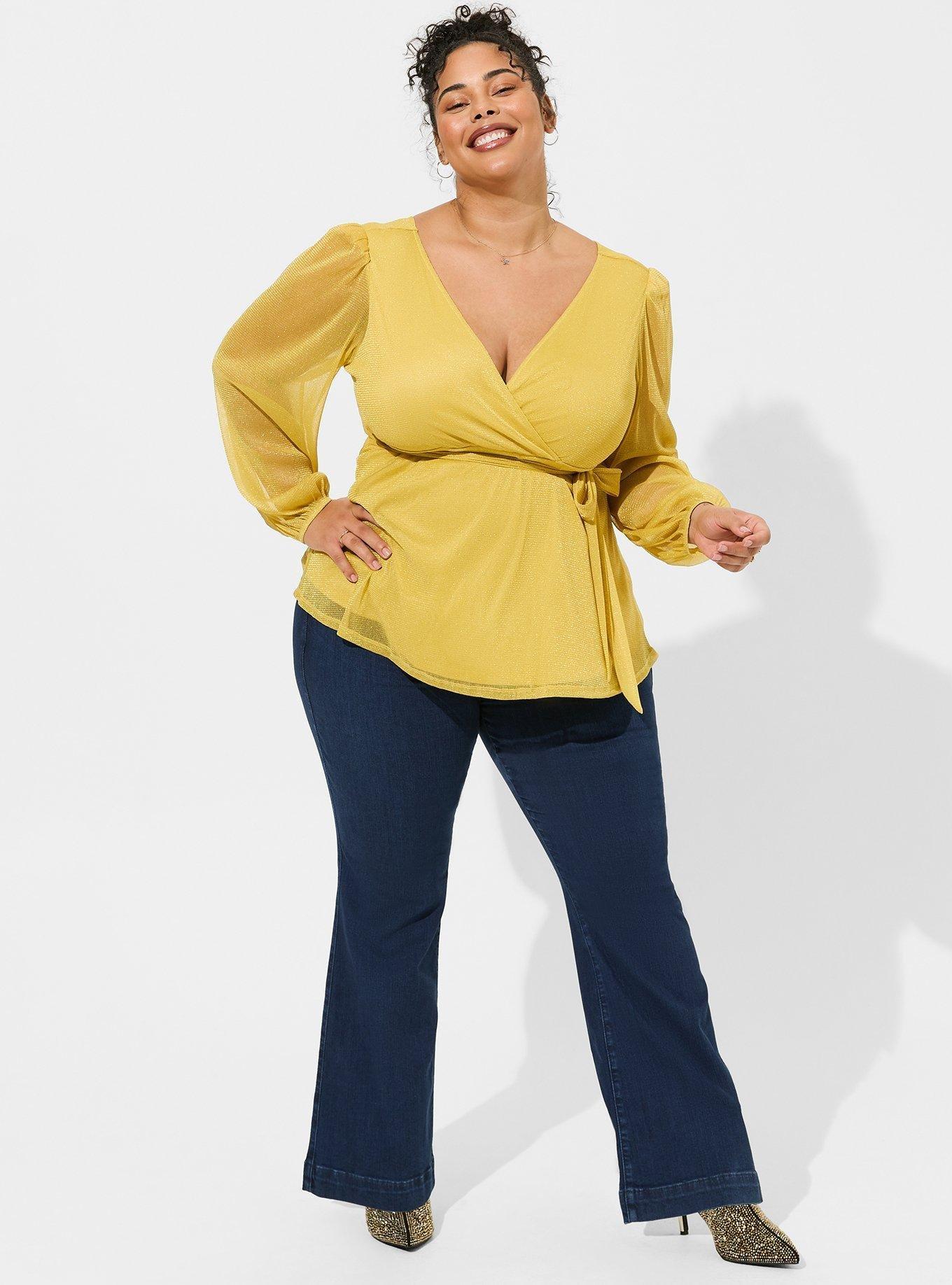 Plus Size Surplice Dolman Sleeve Bodysuit - Yellow