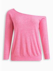 Off-Shoulder Super Soft Plush Wide Rib Sweatshirt, PINK, hi-res