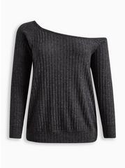 Off-Shoulder Super Soft Plush Wide Rib Sweatshirt, GREY, hi-res