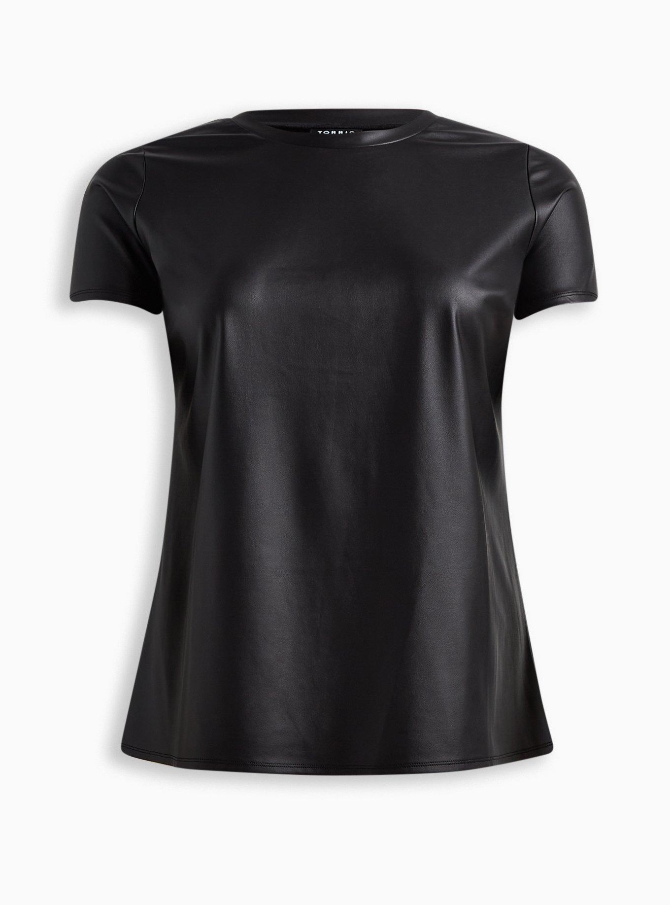 Faux Leather Crew Neck Tee, DEEP BLACK, hi-res