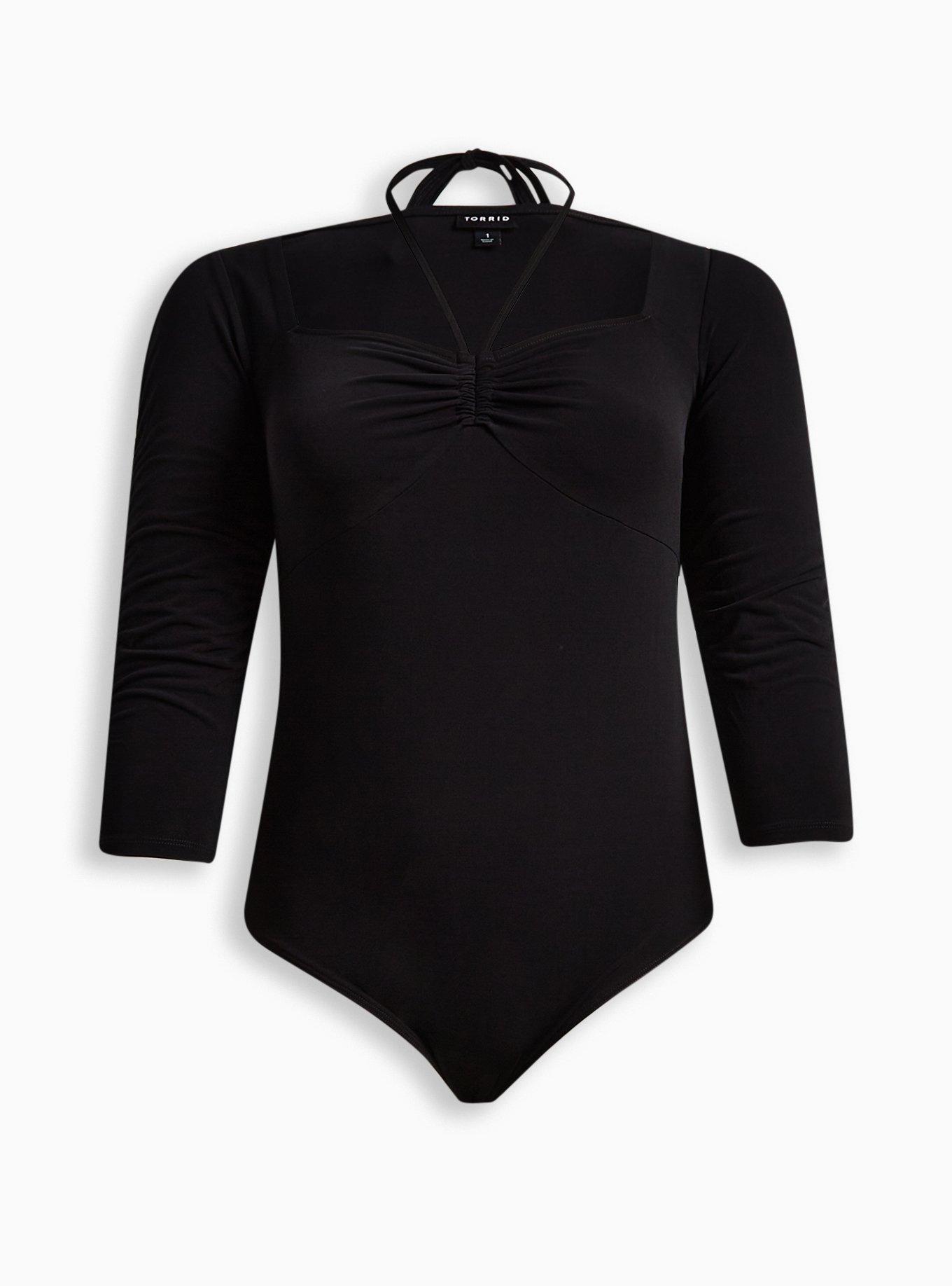 Plus Size Studio Knit Ruched Front Halter Tie Puff Sleeve Bodysuit