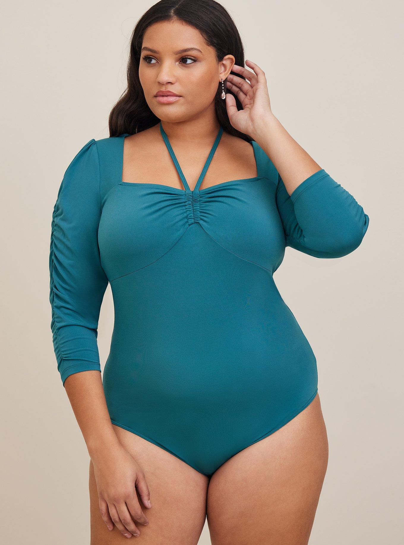 Plus Size - Studio Knit Ruched Front Halter Tie Puff Sleeve