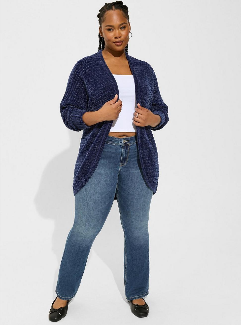 Chenille Cocoon Open Front Ribbed Sweater, BLUE, alternate