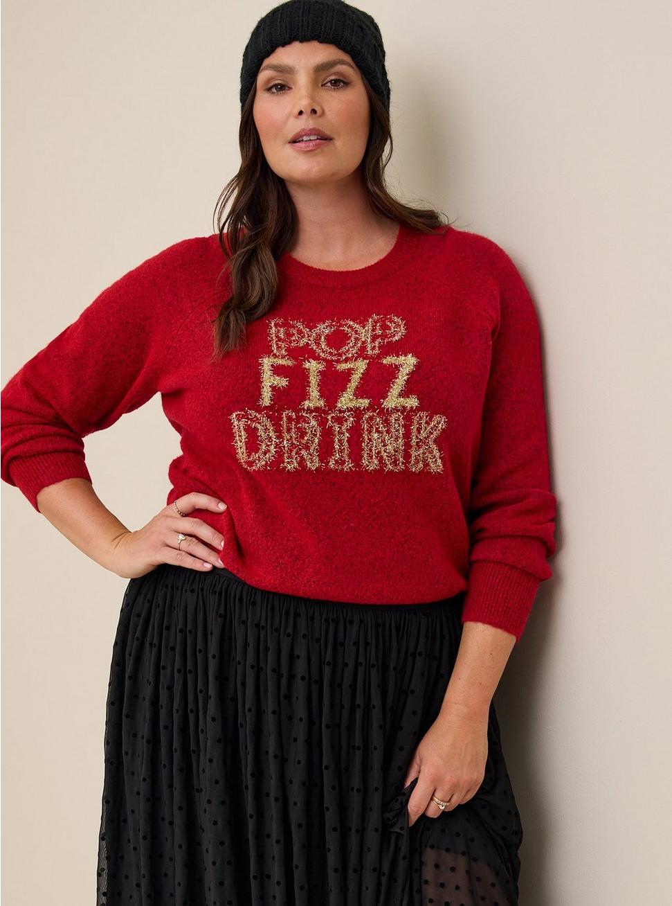 Plus Size Tinsel Pullover Crew Neck Sweater, JESTER RED, alternate