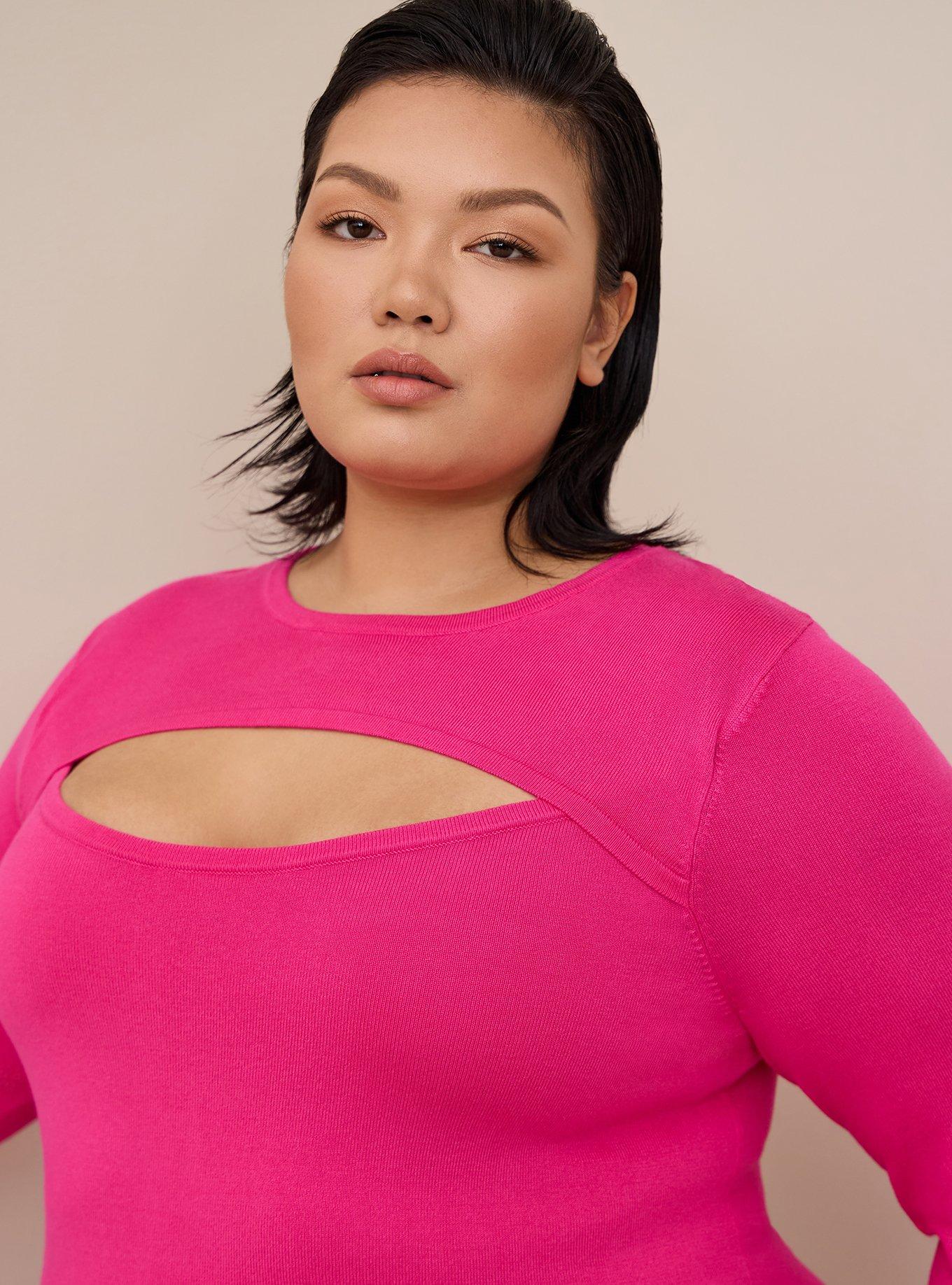 Plus Size Pullover Fitted Sweater, HOT PINK, alternate