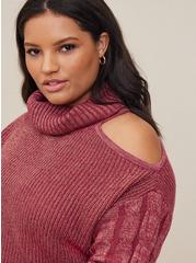 Metallic Cable Pullover Cold Shoulder Sweater, BERRY, alternate