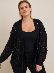 Plus Size Sequin Cardigan Open Front Sweater , BLACK, alternate
