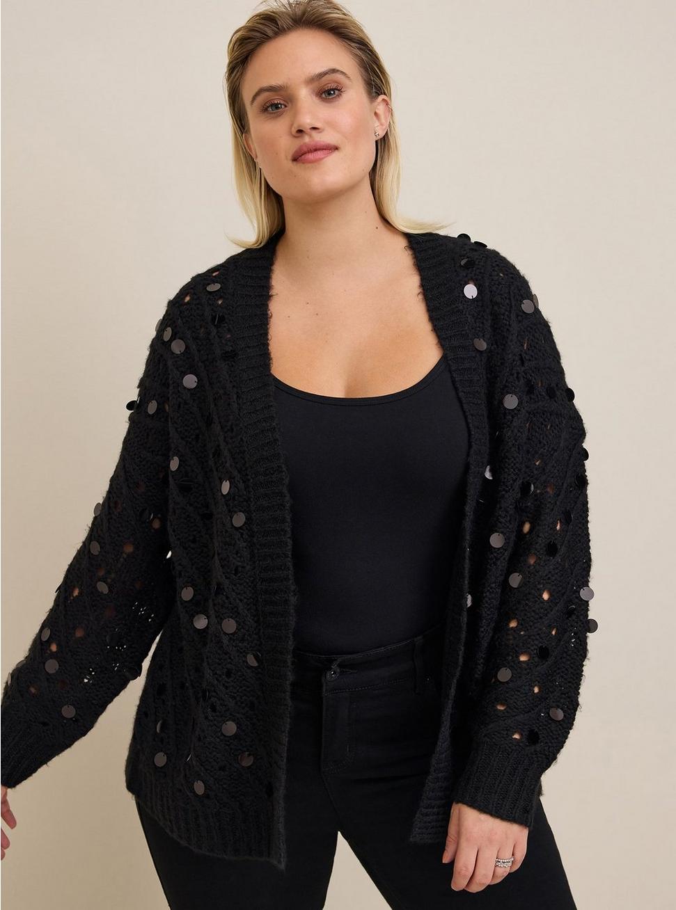 Plus Size Sequin Cardigan Open Front Sweater , BLACK, alternate