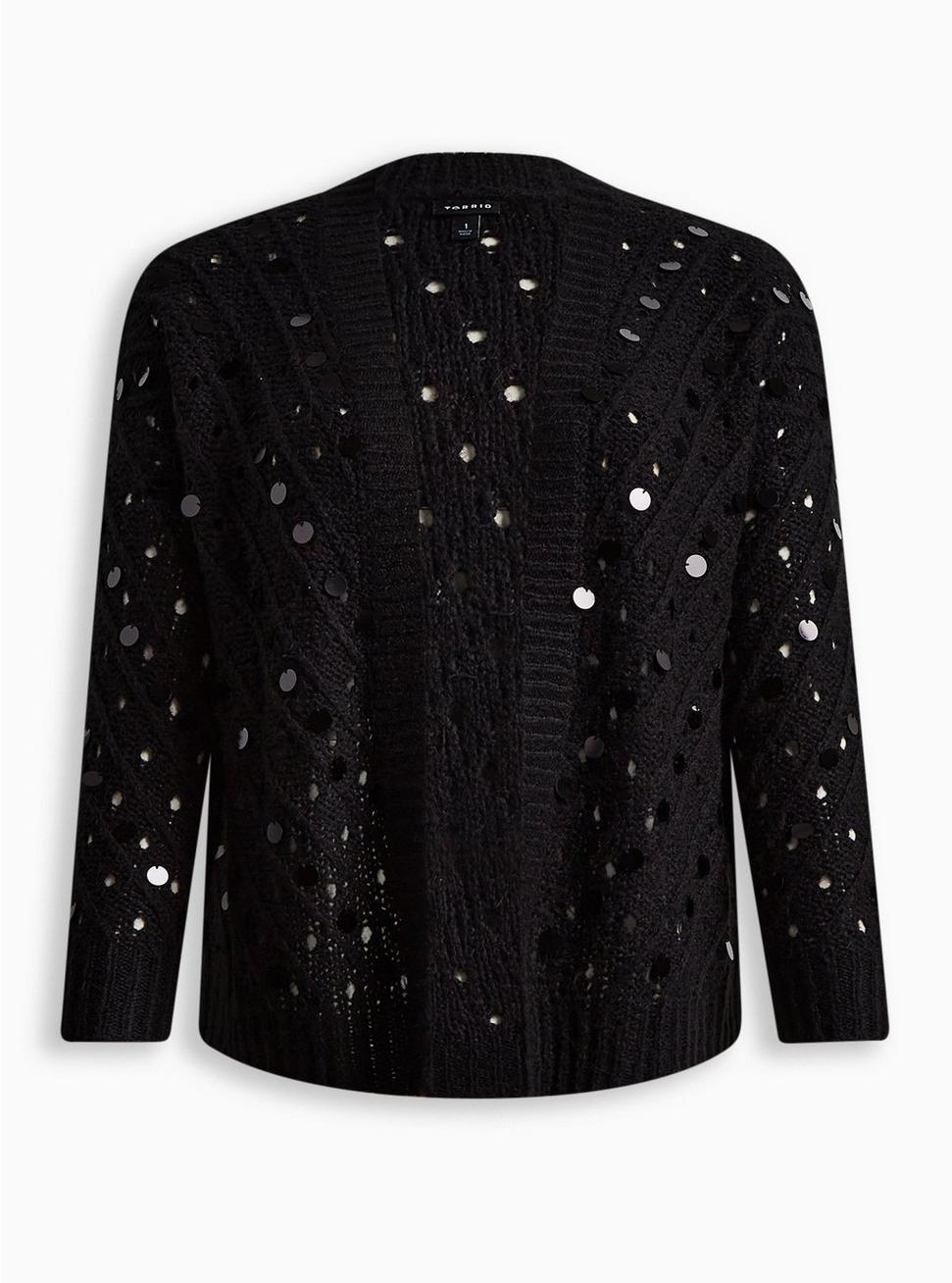 Plus Size Sequin Cardigan Open Front Sweater , BLACK, hi-res