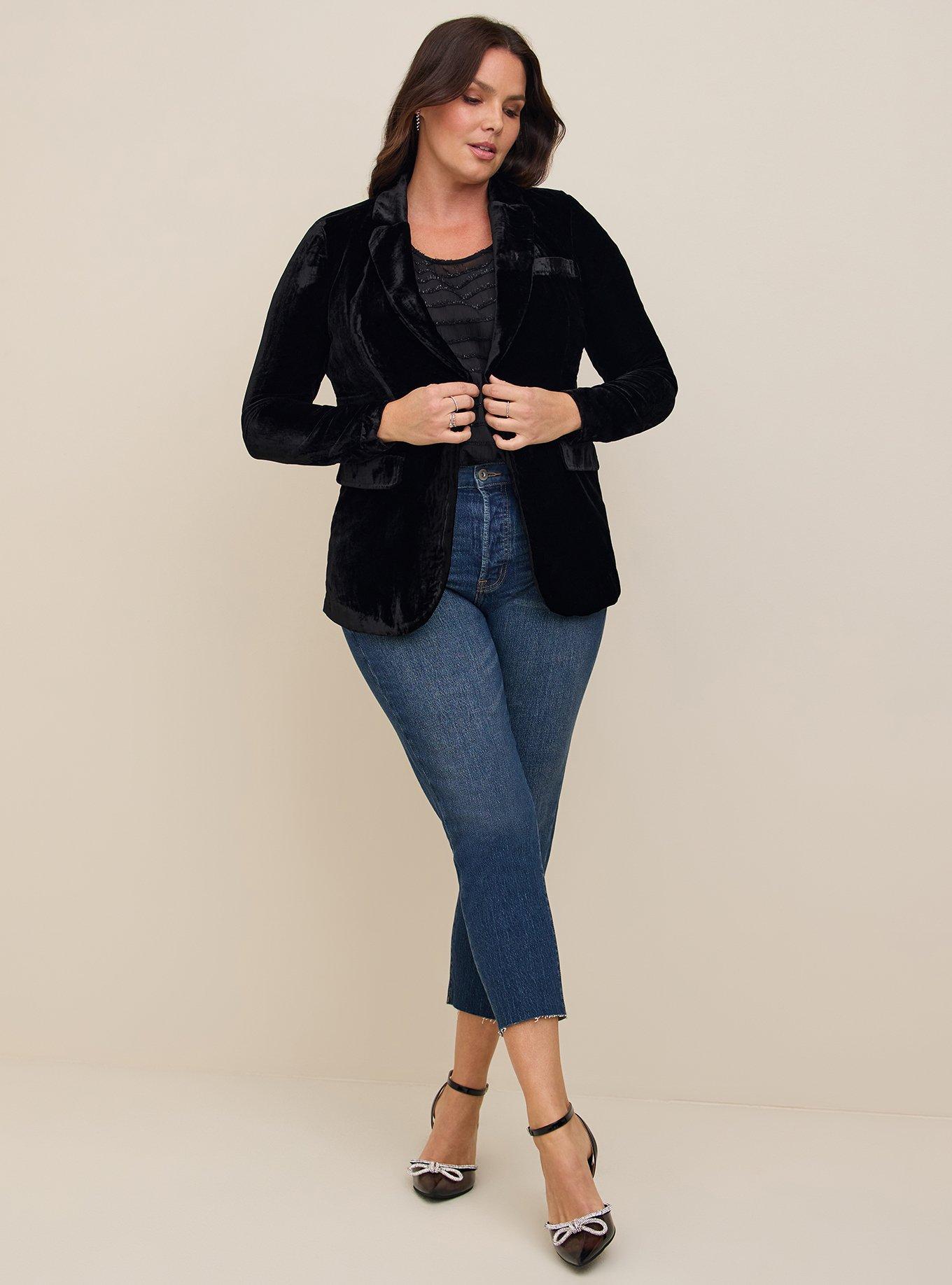 Plus Black Velvet Fitted Blazer, Plus Size