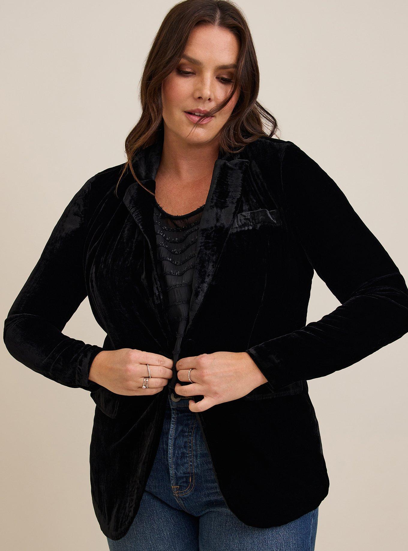 Plus Black Velvet Fitted Blazer, Plus Size