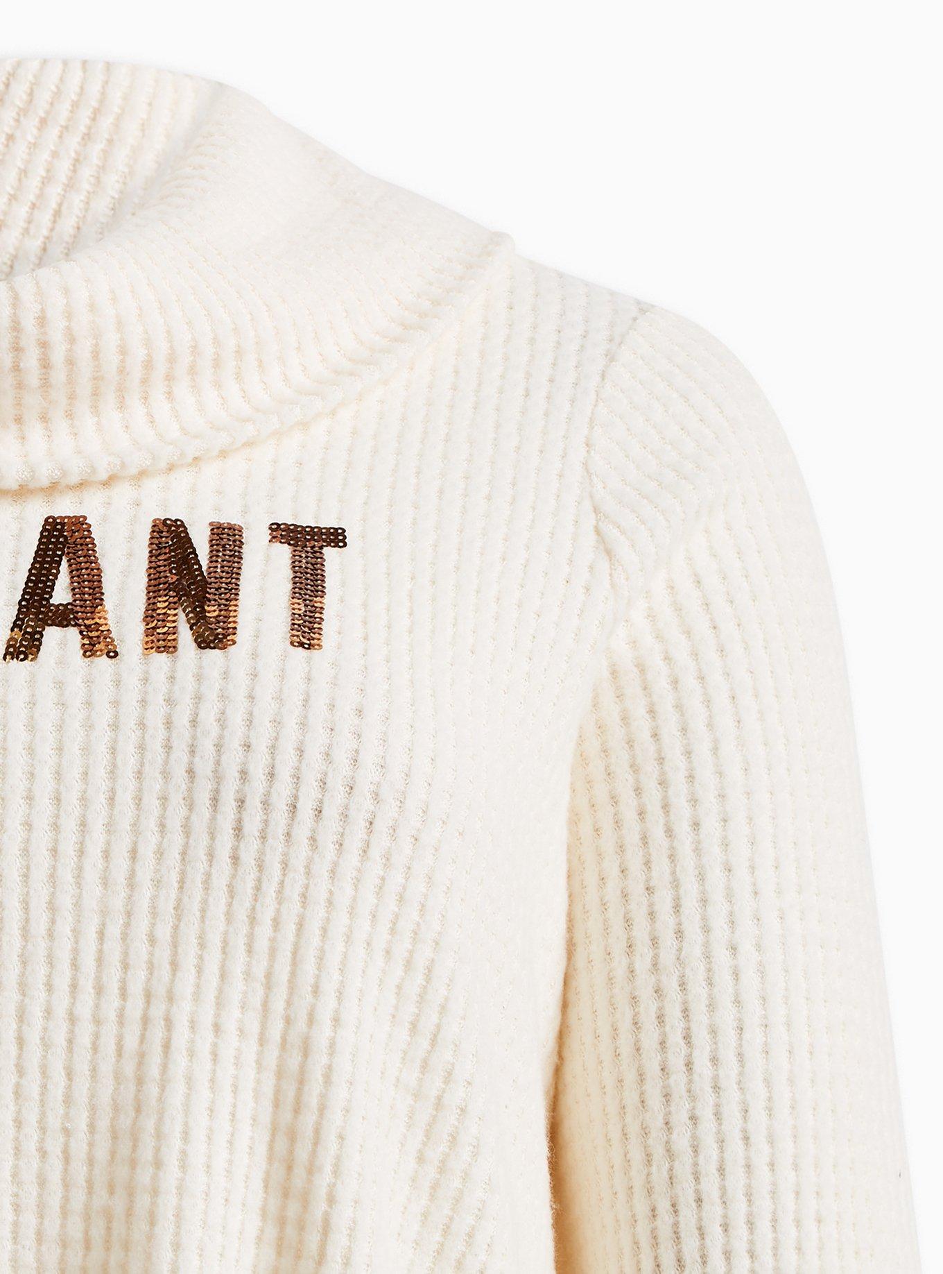 Plus Size Radiant Classic Fit Waffle Cowl Neck Sequin Top, CREAM, alternate