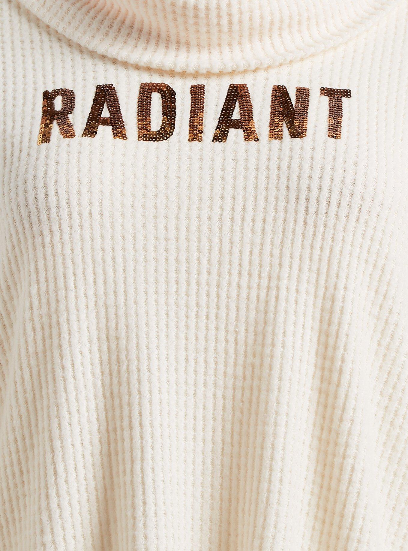 Plus Size Radiant Classic Fit Waffle Cowl Neck Sequin Top, CREAM, alternate