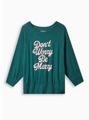 Don't Worry Be Merry Classic Fit Super Soft Plush Crew Neck Wing Sweatshirt, BOTANICAL GREEN, hi-res