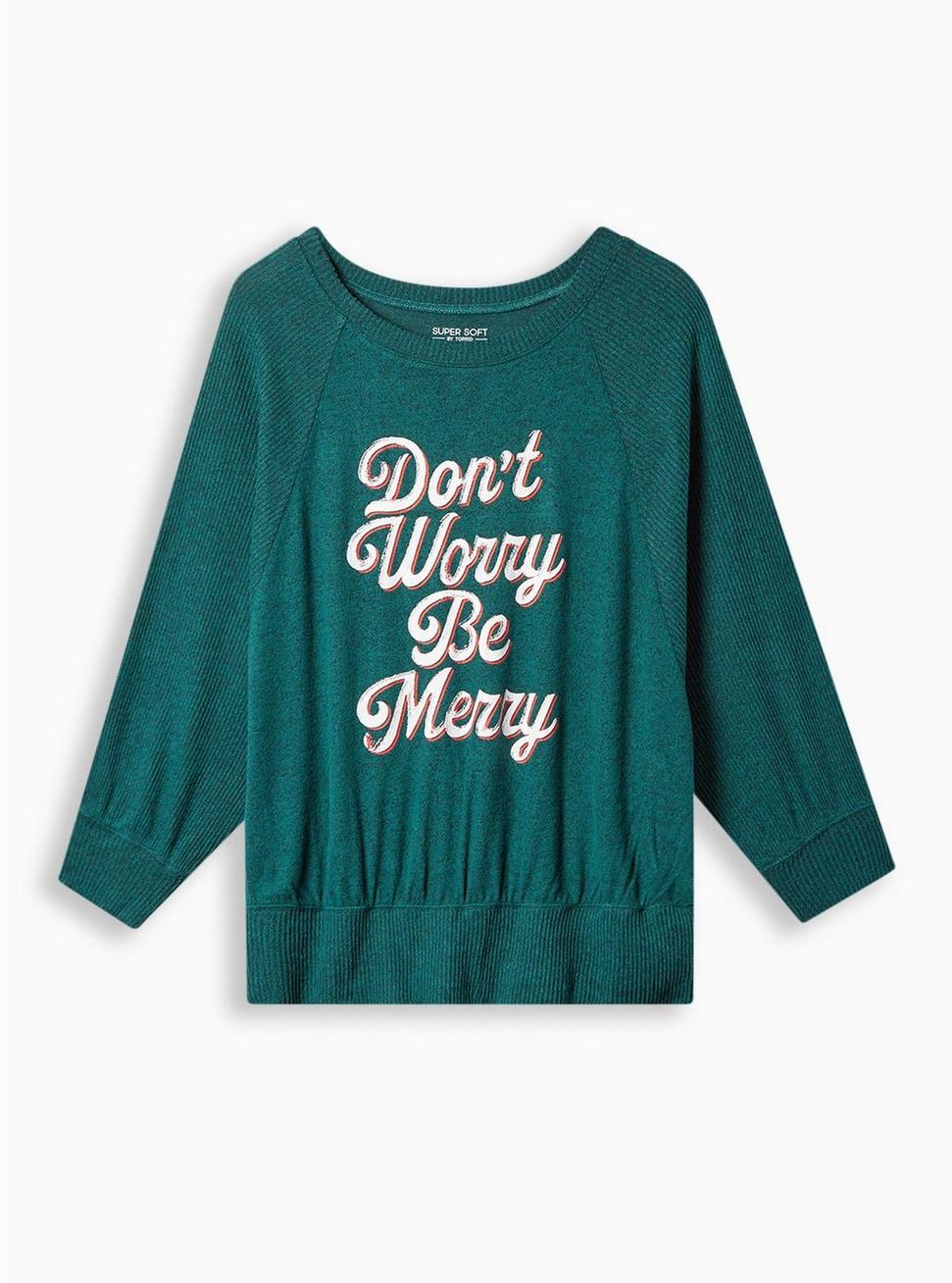 Don't Worry Be Merry Classic Fit Super Soft Plush Crew Neck Wing Sweatshirt, BOTANICAL GREEN, hi-res