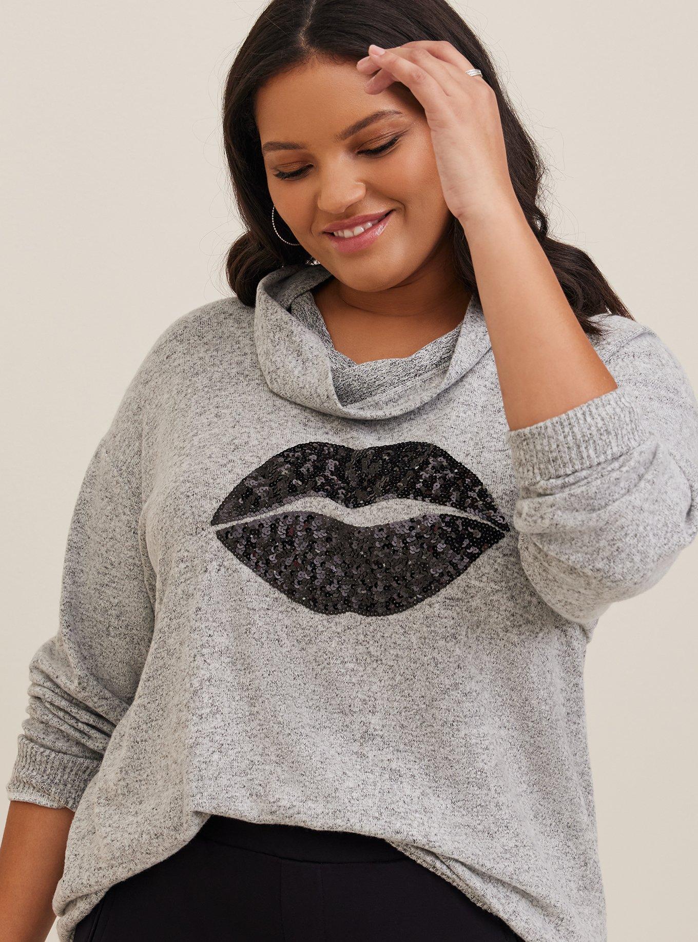 Plus Size Lips Relaxed Fit Super Soft Plush Sequin Pullover Tunic Sweatshirt, HEATHER GREY, alternate