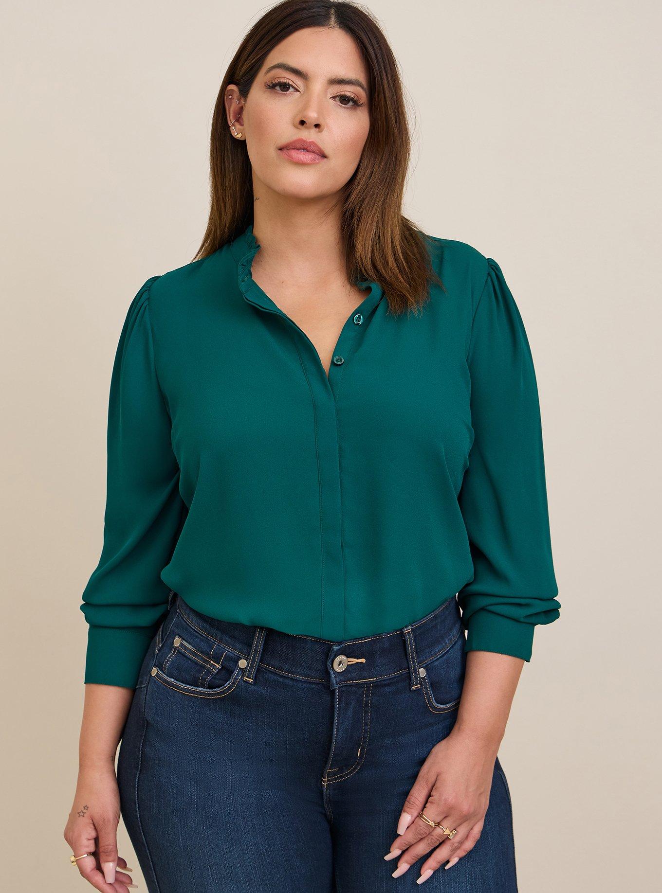 Plus Size - Madison Georgette Ruffle Mock Neck Button-Up Shirt - Torrid