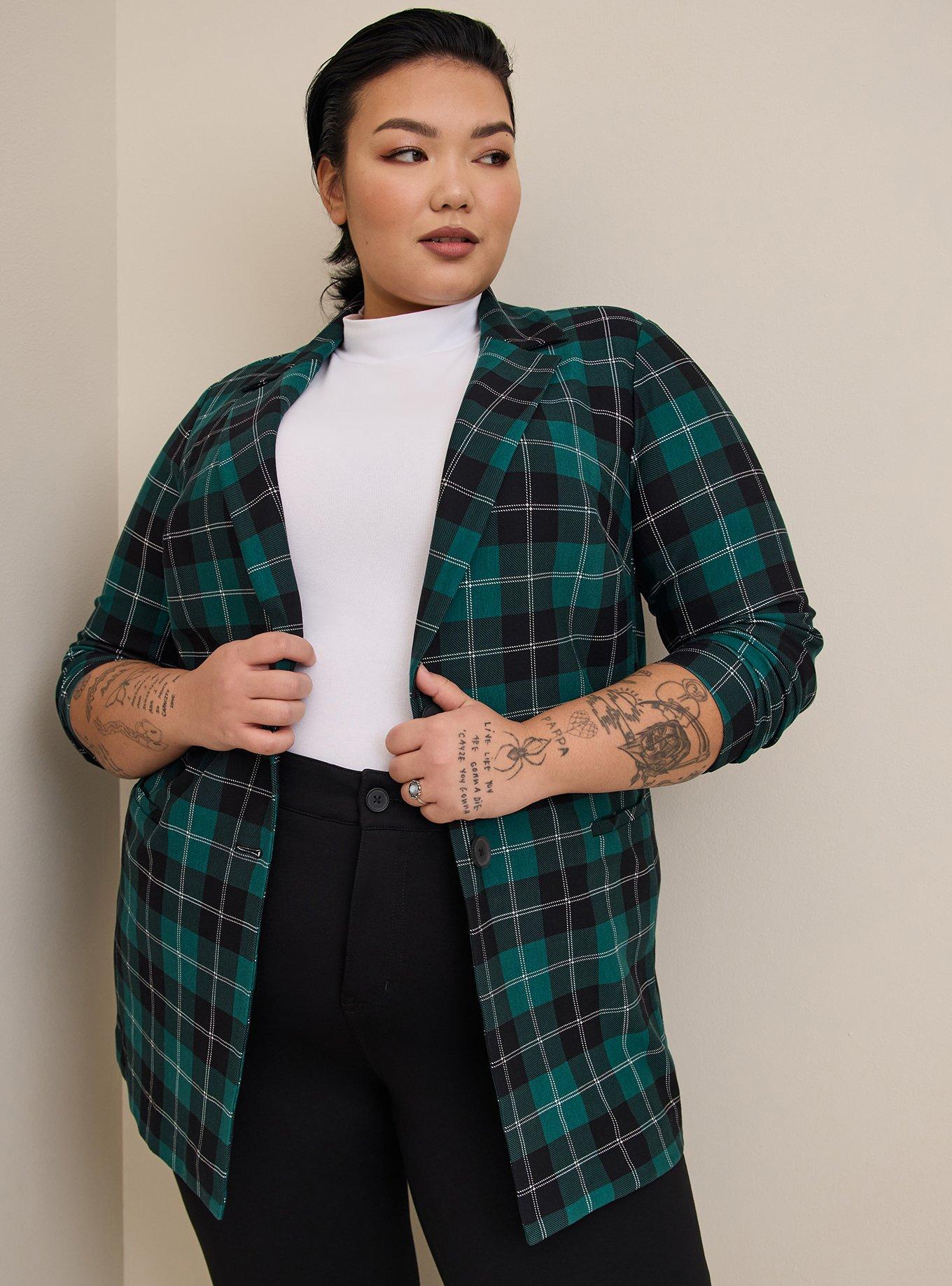 Plus Size - Lightweight Ponte Longline Plaid Blazer - Torrid