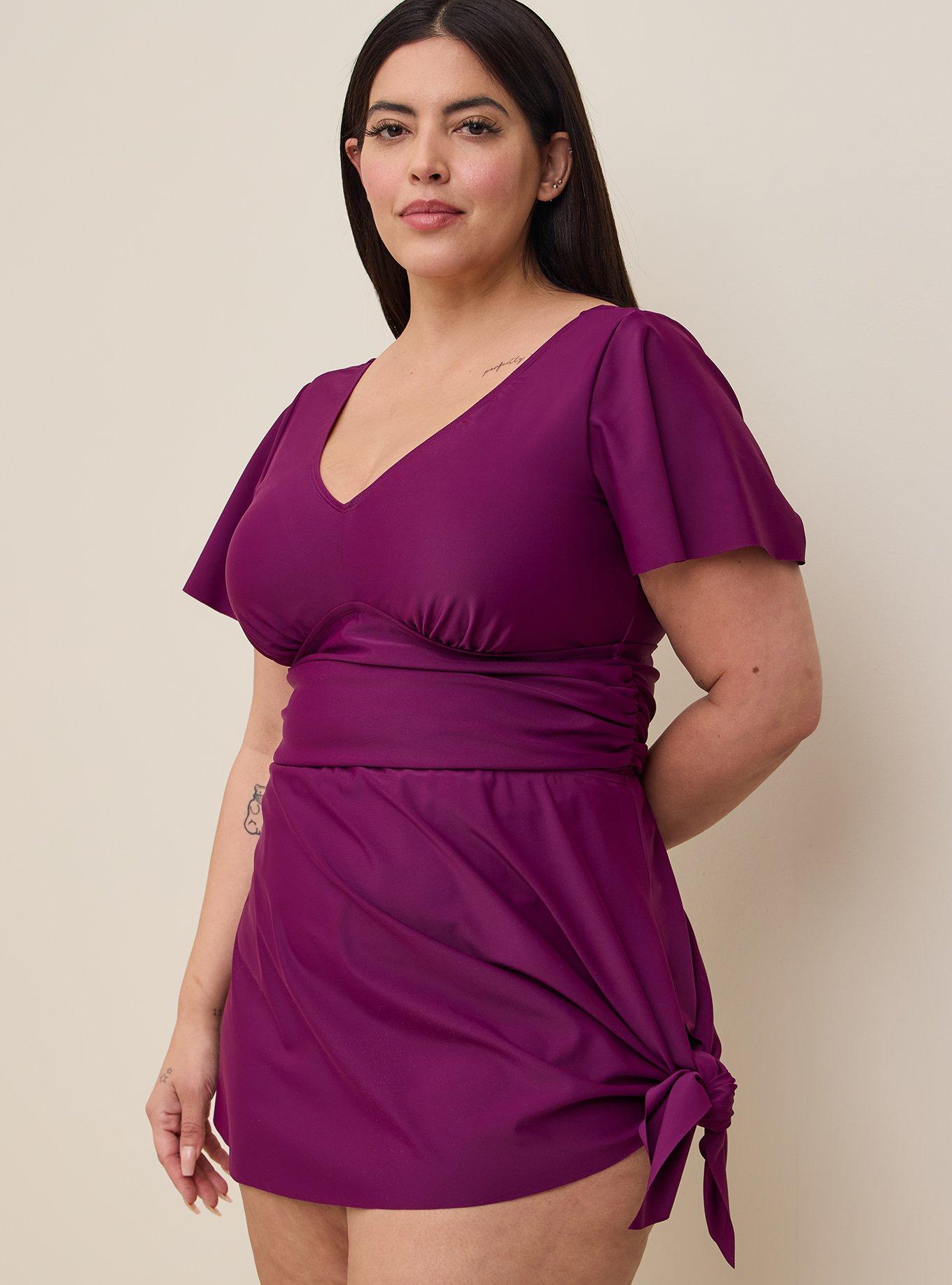 Plus Size - Wireless Side Tie Swim Dress No Bottom - Short Length