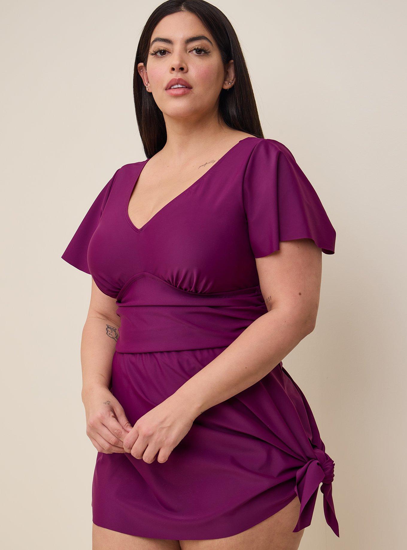 Plus Size - Wireless Side Tie Swim Dress No Bottom - Short Length