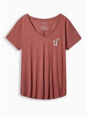 Plus Size Mushroom Girlfriend Signature Jersey V-Neck Embroidery Tee, BROWN, hi-res