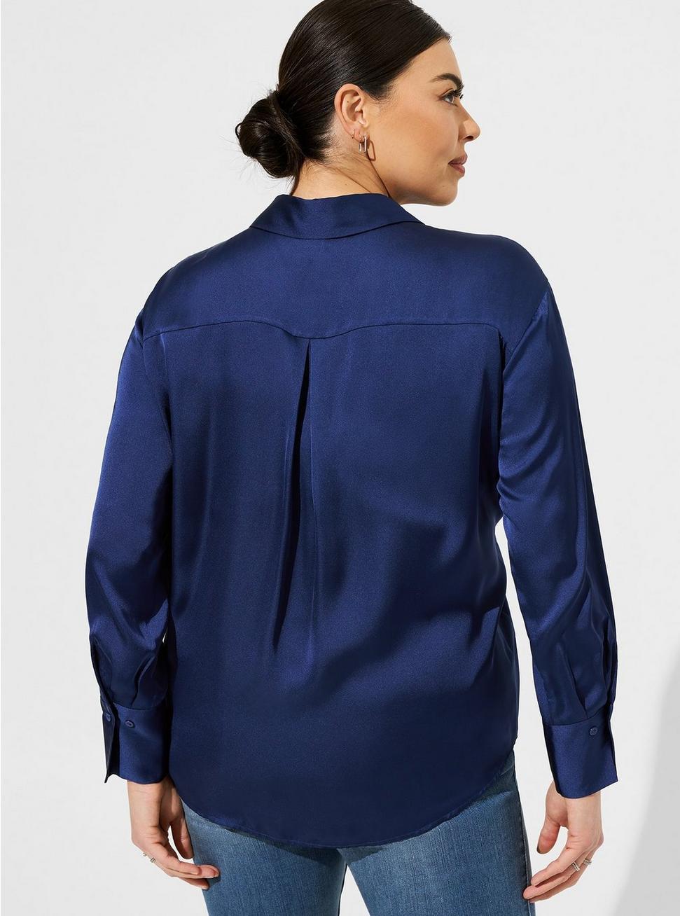 Satin Button Up Long Sleeve Shirt, MIDNIGHT BLUE, alternate