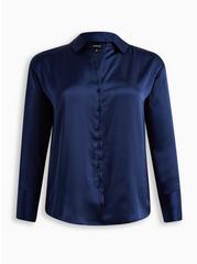 Satin Button Up Long Sleeve Shirt, MIDNIGHT BLUE, hi-res