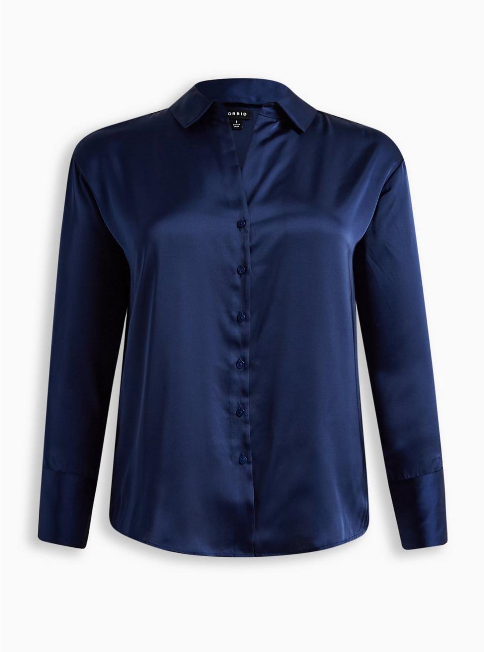 Satin Button Up Long Sleeve Shirt, MIDNIGHT BLUE, hi-res