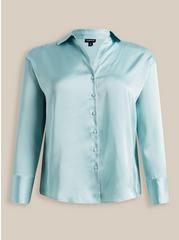 Satin Button Up Long Sleeve Shirt, CANAL BLUE, hi-res