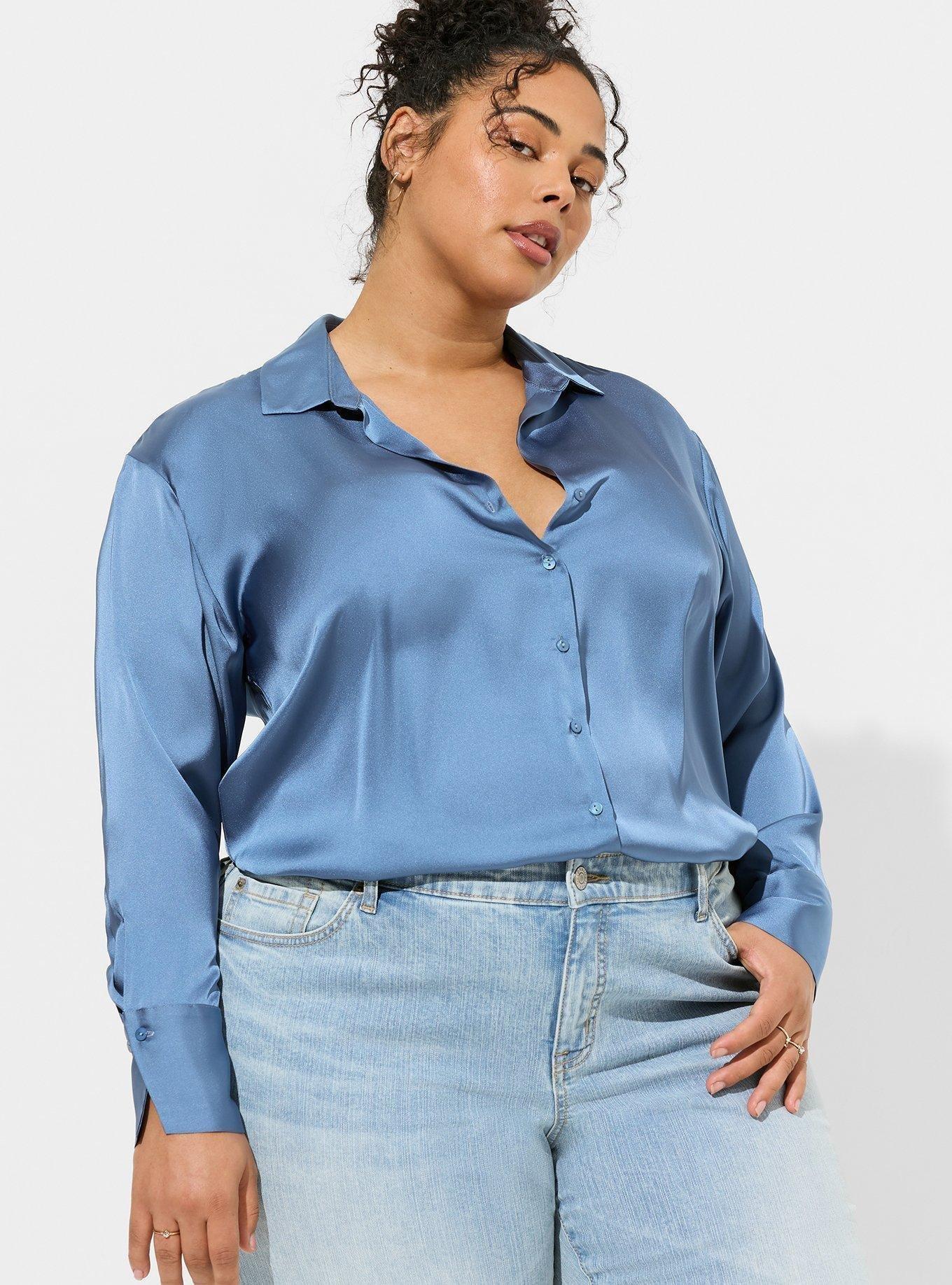 PLUS SOLID SATIN BUTTON UP WOVEN TOP