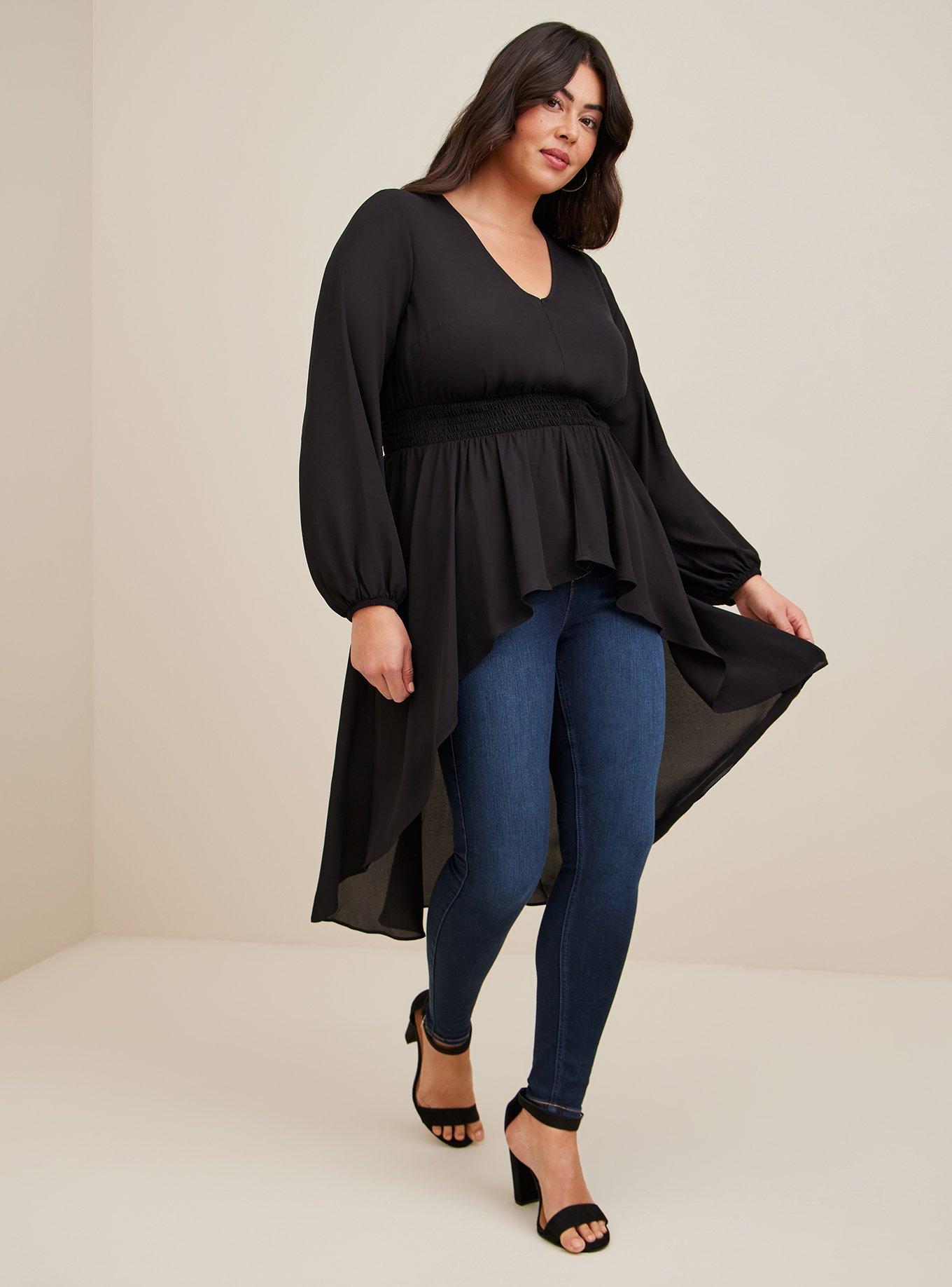 Plus Size Georgette Smocked High-Low Tunic, DEEP BLACK, alternate