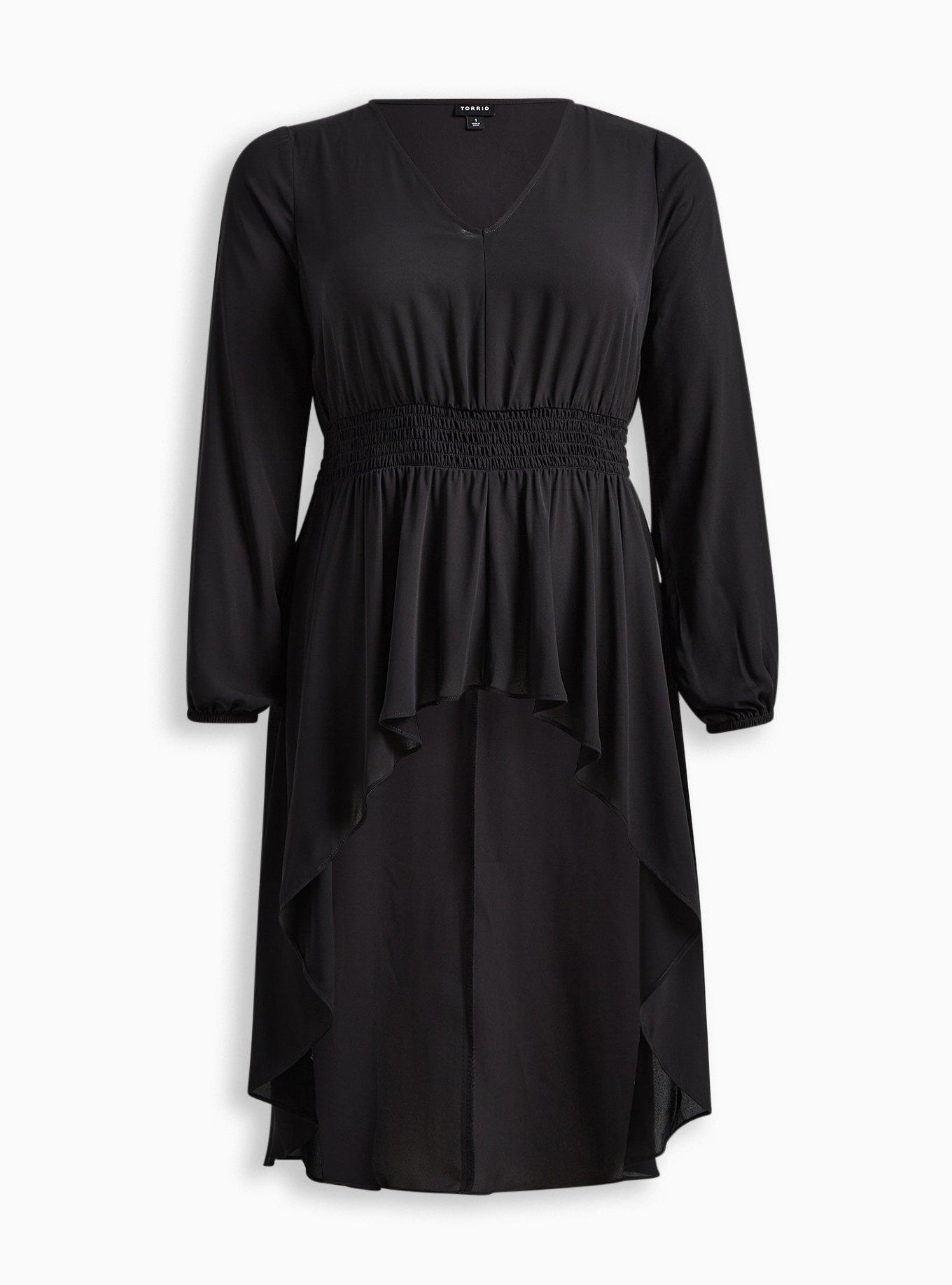 Plus Size Georgette Smocked High-Low Tunic, DEEP BLACK, hi-res