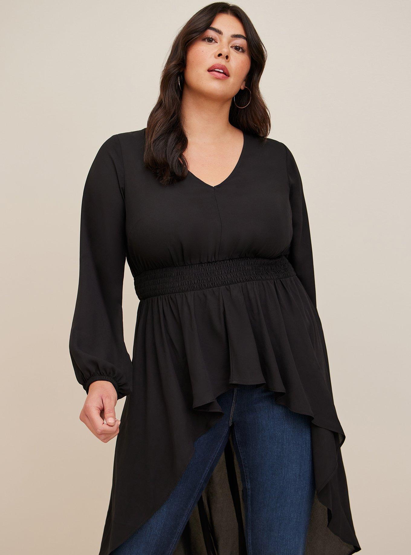 Plus Size Georgette Smocked High-Low Tunic, DEEP BLACK, hi-res