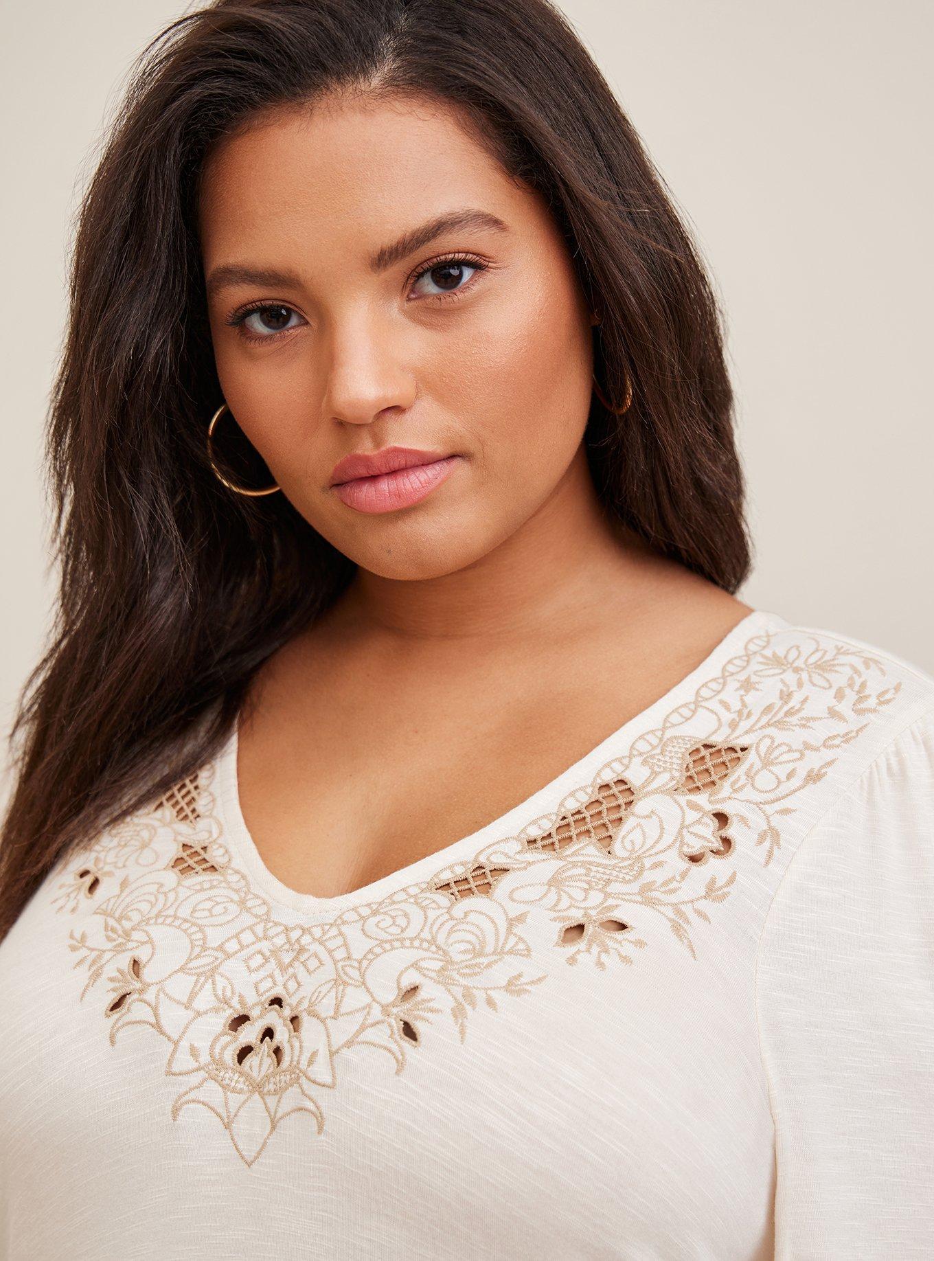 Plus Size Babydoll VNeck Embroidered Long Sleeve Top Torrid