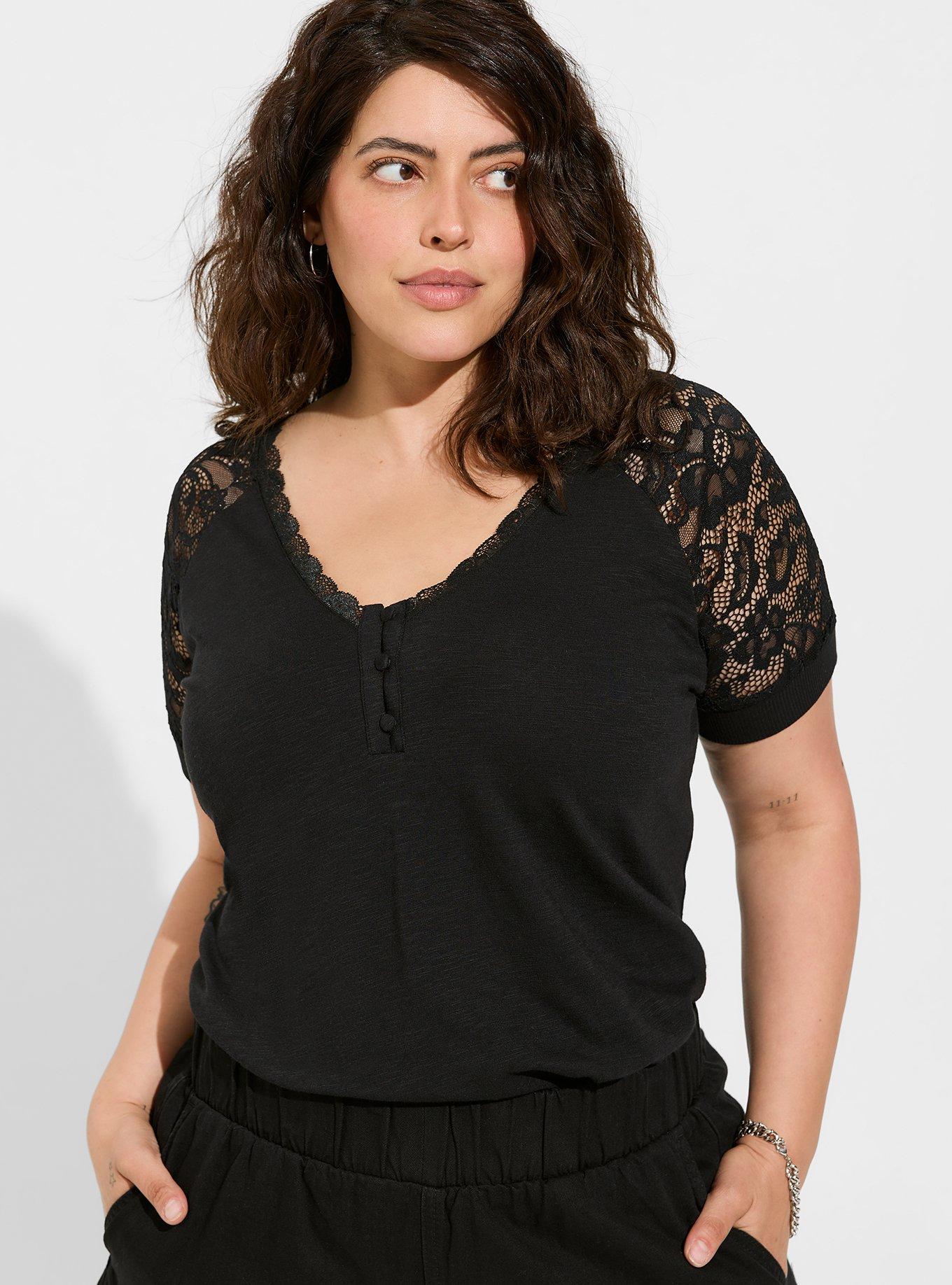 1X 2X 3X Plus Size Women V Neck Lace 3/4 Sleeve Round Hem Soft Stretch  Rayon Top 