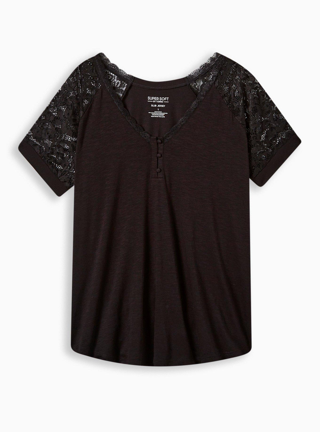 Classic Fit Super Soft Slub V-Neck Lace Sleeve Raglan Tee, , hi-res